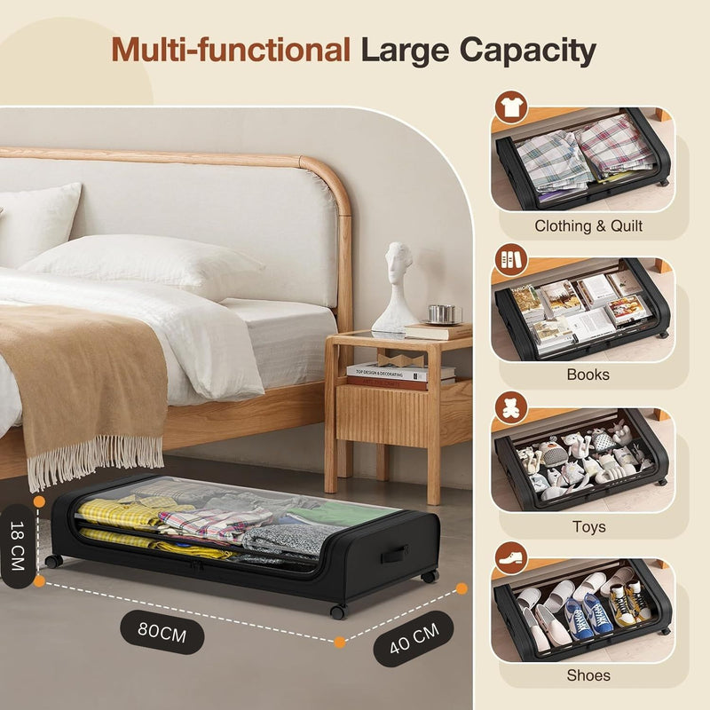 2-Pack XXL Under Bed Storage Container with Wheels and Lid 50L, Black - detail view