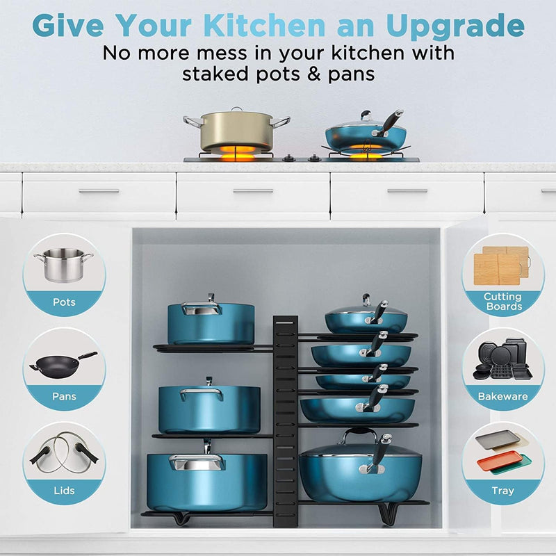 Adjustable 8-Tier Pan Rack Pot Organiser for Kitchen