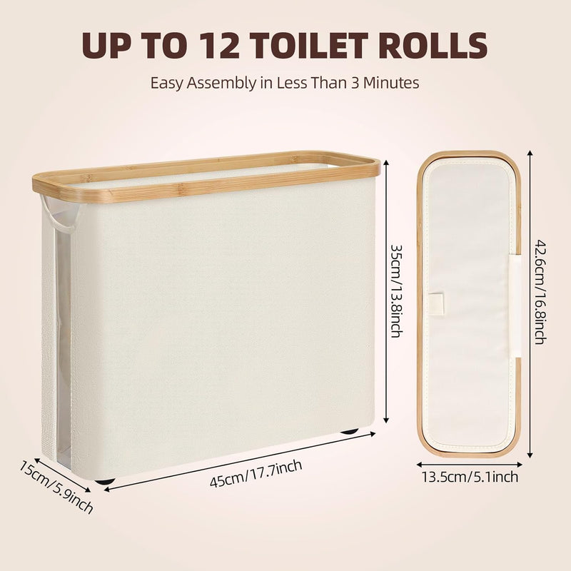 Toilet Paper Storage Basket Holds 12 Rolls with Bamboo Lid, White - detail view