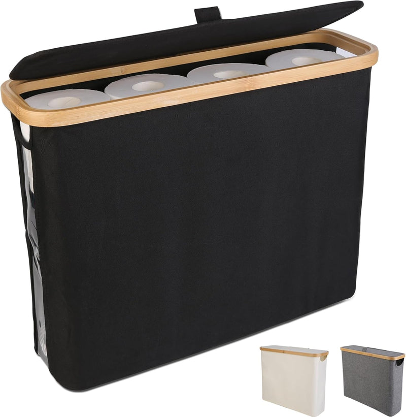 Toilet Paper Storage Basket Holds 12 Rolls with Bamboo Lid, Black - main product image