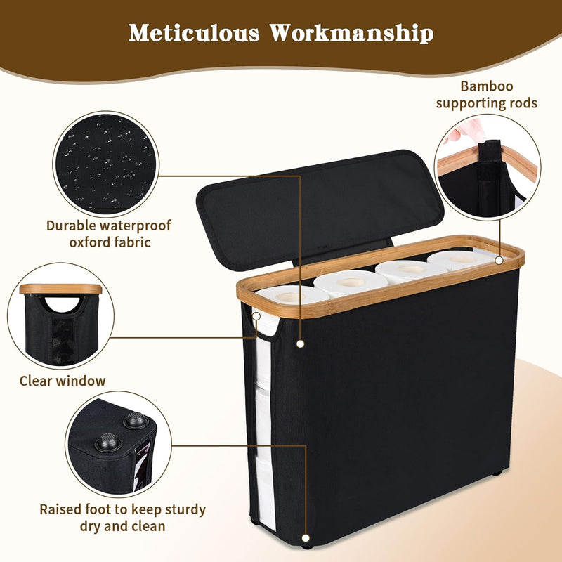 Toilet Paper Storage Basket Holds 12 Rolls with Bamboo Lid, Black - size and scale view