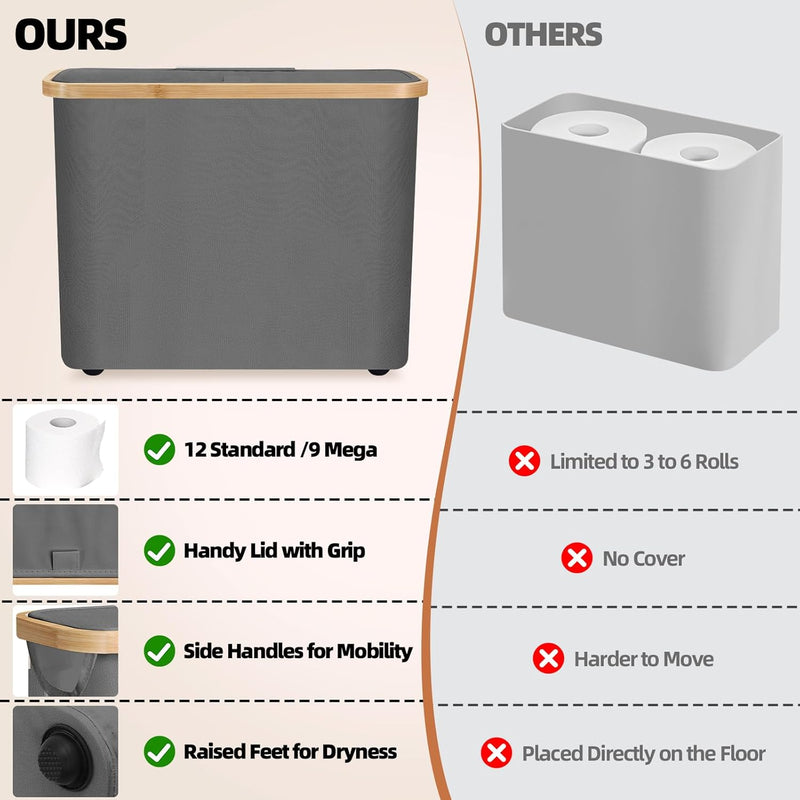 Toilet Paper Storage Basket Holds 12 Rolls with Bamboo Lid