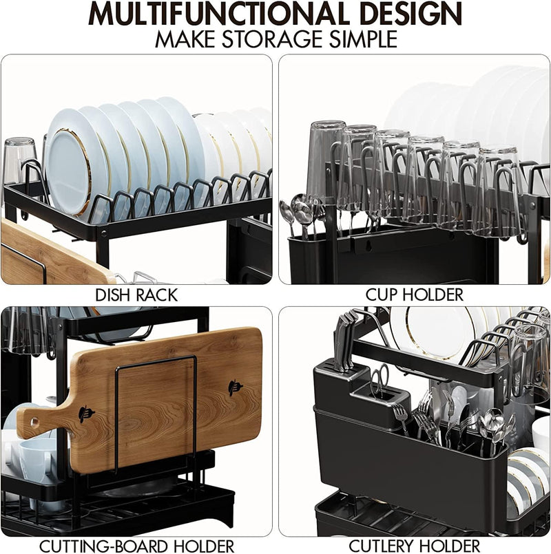 2 Tier Dish Drying Rack with Drainage Tray and Accessories Holder, Black - detail view