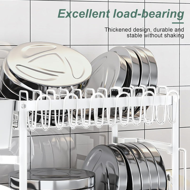 2 Tier Dish Drying Rack with Drainage Tray and Accessories Holder, White - additional product view