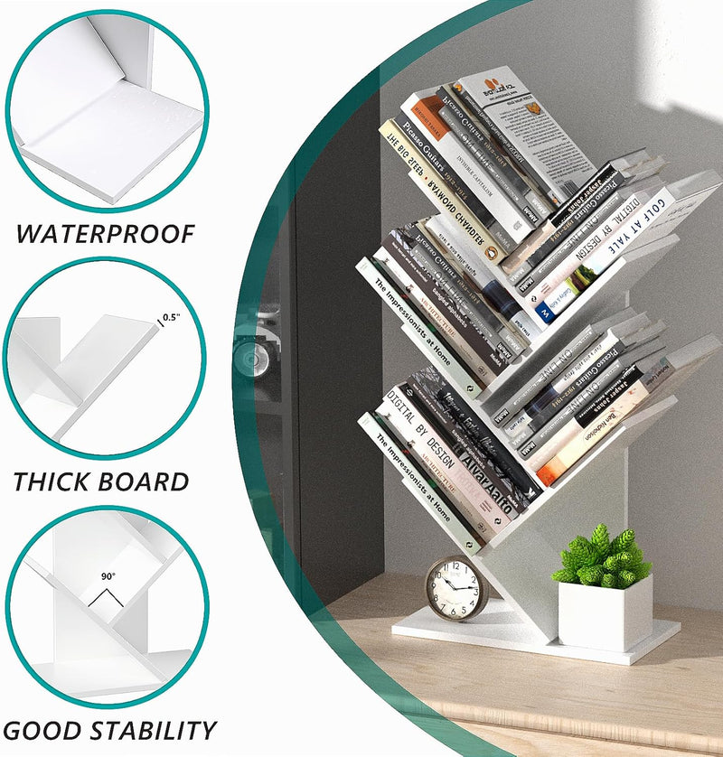 5-Tier Tree Bookshelf Storage Rack for Home Office or Bedroom, White - size and scale view
