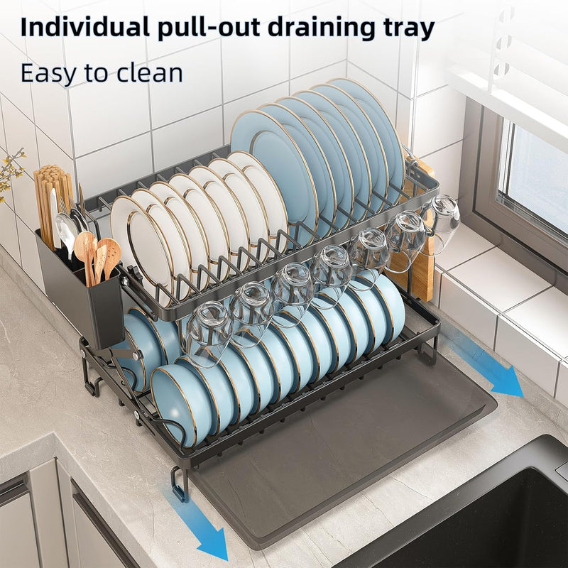 2 Tier Dish Drying Rack with Drain Tray & Utensil Holder for Kitchen, Black - additional product view