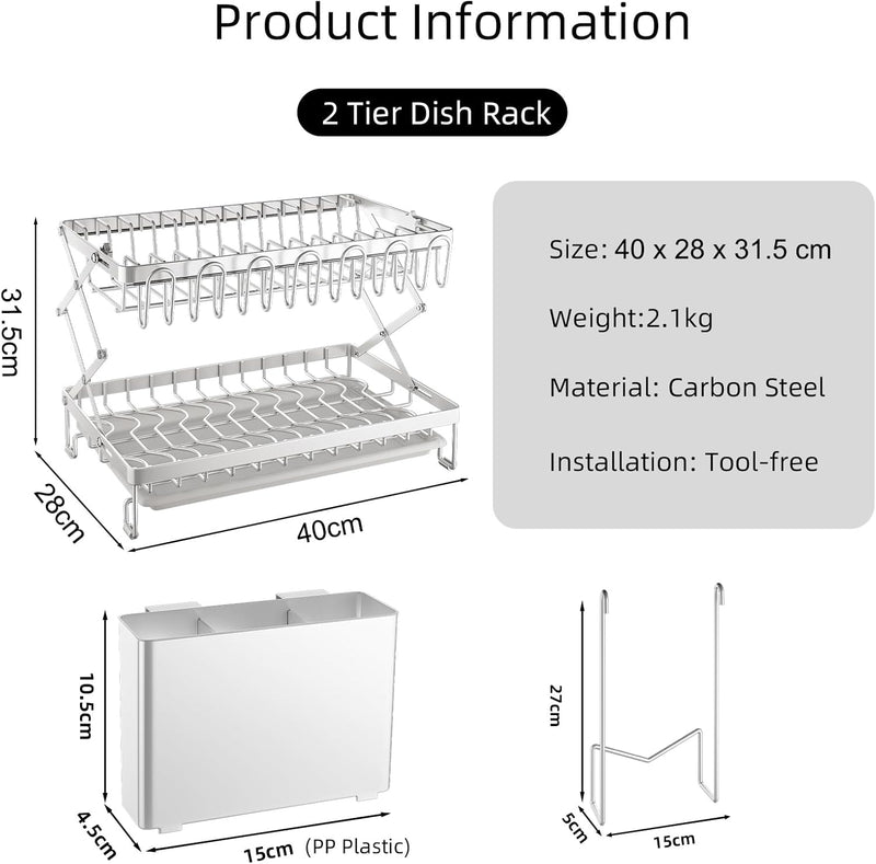 2 Tier Dish Drying Rack with Drain Tray & Utensil Holder for Kitchen, White - alternate angle