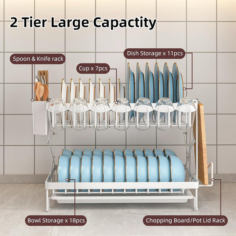 2 Tier Dish Drying Rack with Drain Tray & Utensil Holder for Kitchen, White - size and scale view