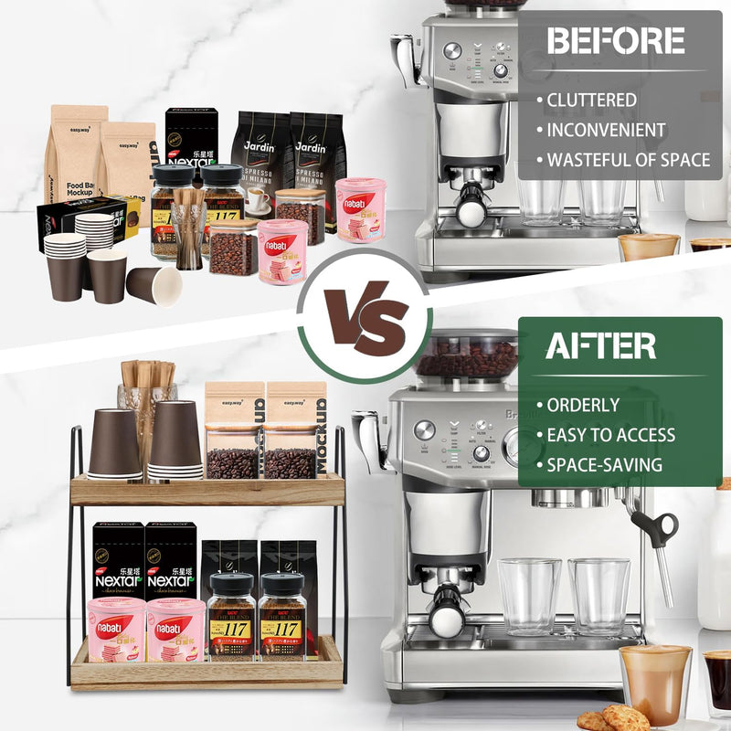2 - Tier Wooden Coffee Station Rack Organizer, Brown - detail view