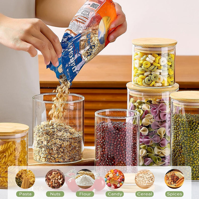 6 Pack Glass Storage Jars with Bamboo Lids for Kitchen Pantry, Natural - size and scale view