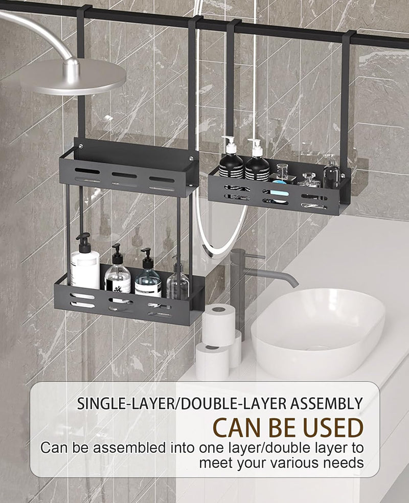 2 Tier Over Door Shower Caddy No Drilling, Black - detail view