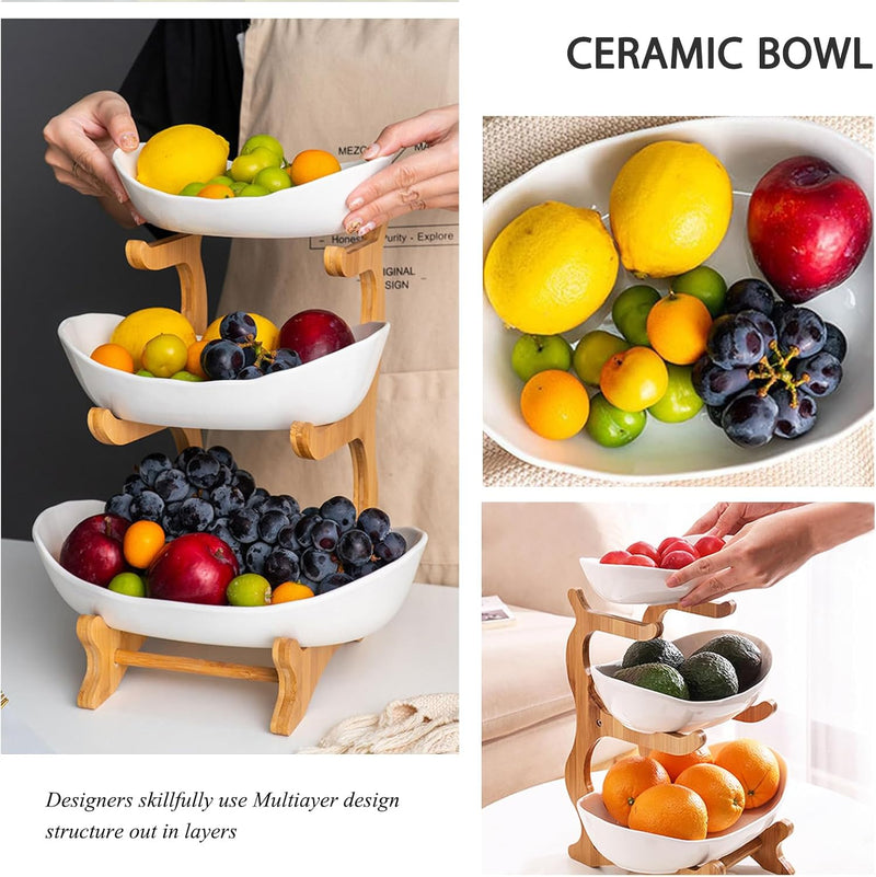 3-Tier Fruit Bowl Basket with Bamboo Stand for Kitchen