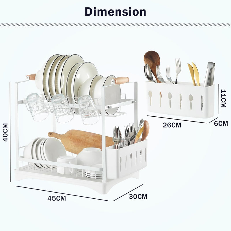 2-Tier Large Dish Drying Rack with Drainboard and Utensil Holder, White - detail view
