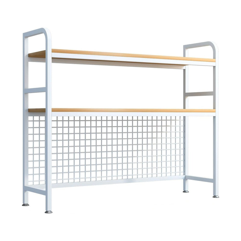 2-Tier Metal Desktop Hutch Bookshelf with Grid Panel for Computer Desk, White - main product image