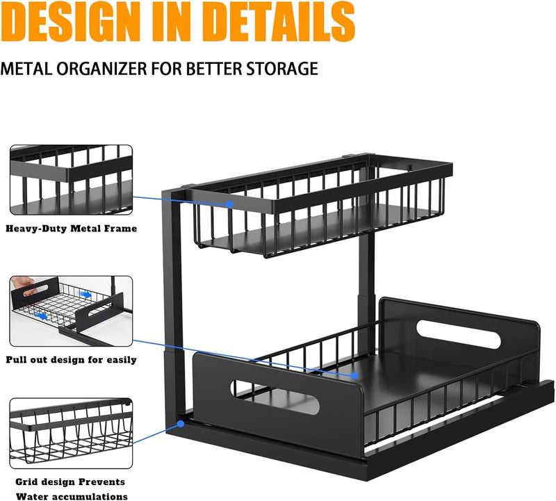 2 Pack Under Sink Organiser with Sliding Drawers - Black - size and scale view