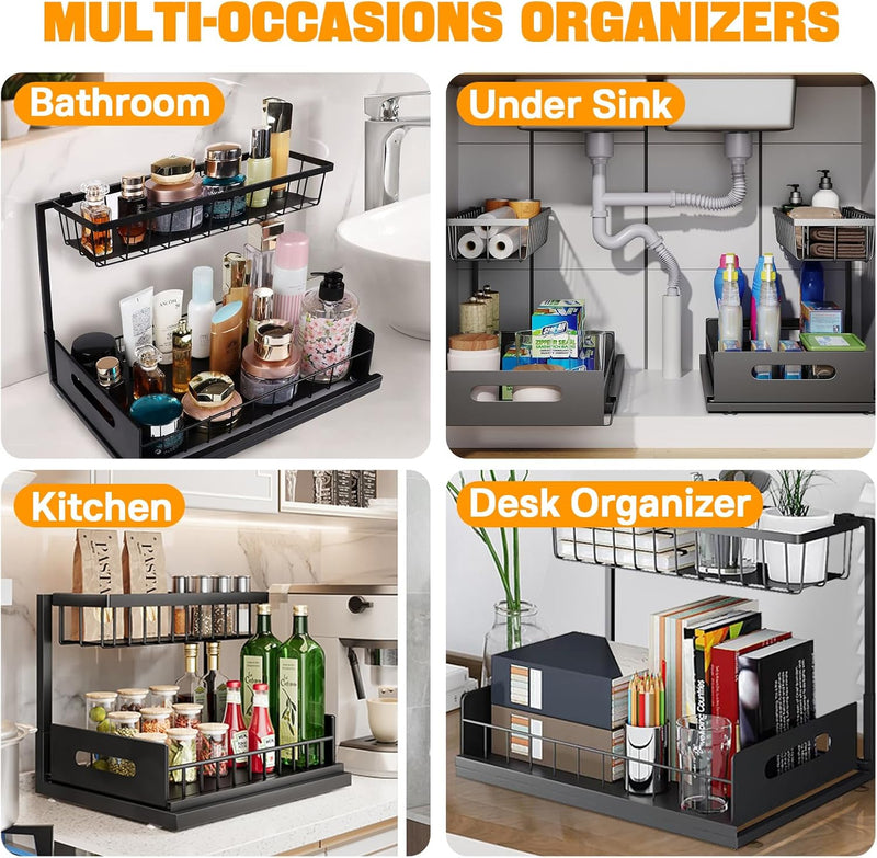 2 Pack Under Sink Organiser with Sliding Drawers - Black