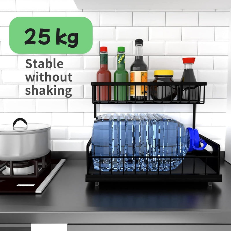 2 Pack Under Sink Organiser with Sliding Drawers - Black