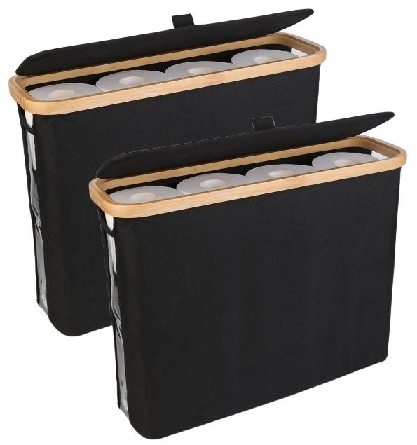 2-Pack Toilet Paper Storage Basket Holds 12 Rolls with Bamboo Lid, Black - main product image