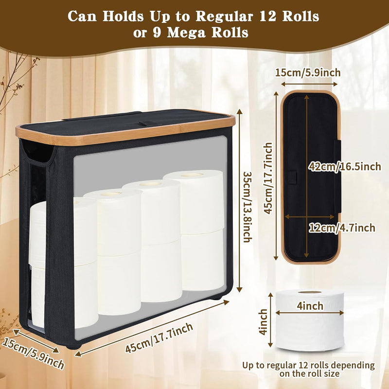 2-Pack Toilet Paper Storage Basket Holds 12 Rolls with Bamboo Lid, Black - detail view