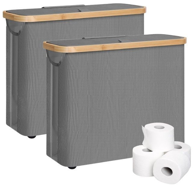 2-Pack Toilet Paper Storage Basket Holds 12 Rolls with Bamboo Lid, Grey - main product image
