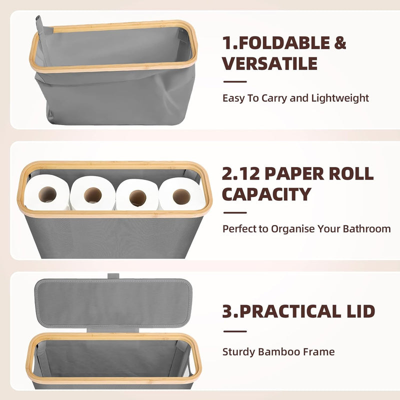 2-Pack Toilet Paper Storage Basket Holds 12 Rolls with Bamboo Lid, Grey - additional product view