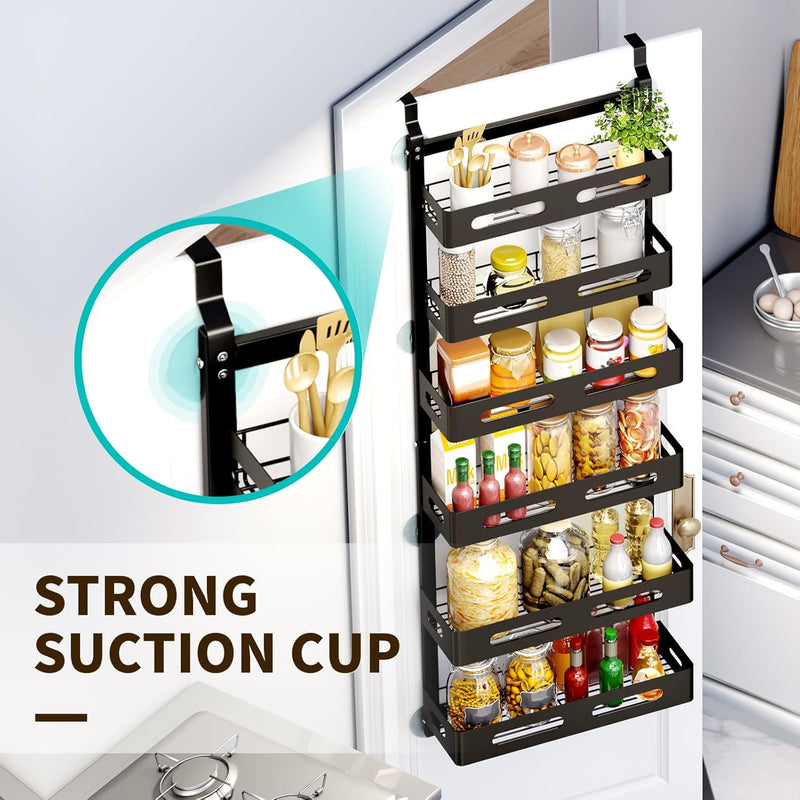 6 Tier Over Door Pantry Organiser with Adjustable Baskets, Black - size and scale view