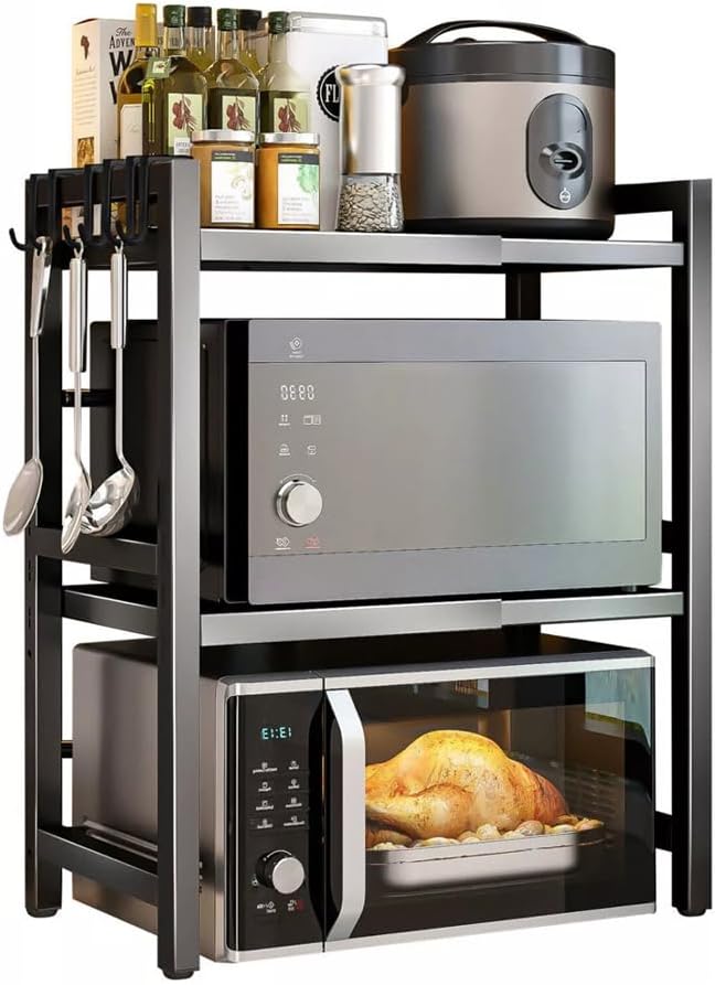 3-Tier Microwave Oven Rack Adjustable Metal Shelf Stand, Black - main product image