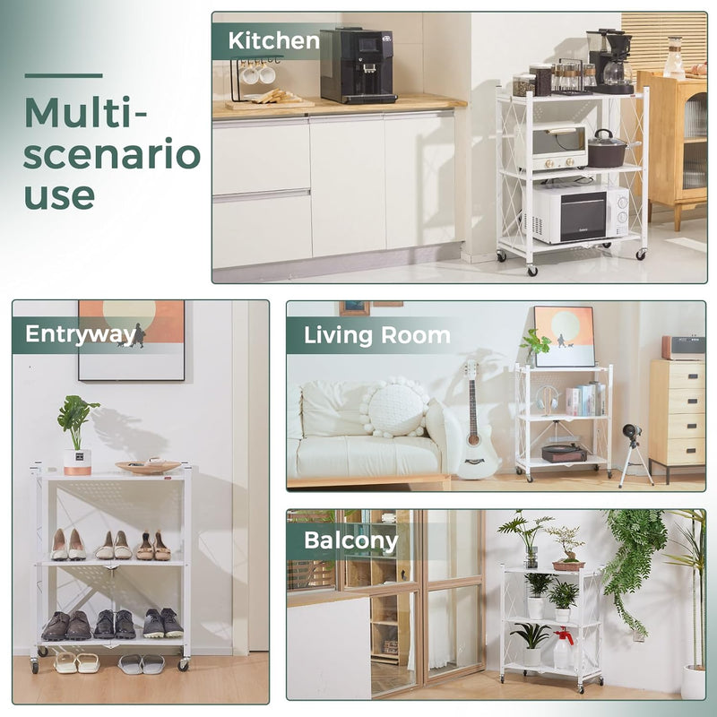 5-Tier Foldable Storage Shelf with Wheels for Kitchen, White - alternate angle
