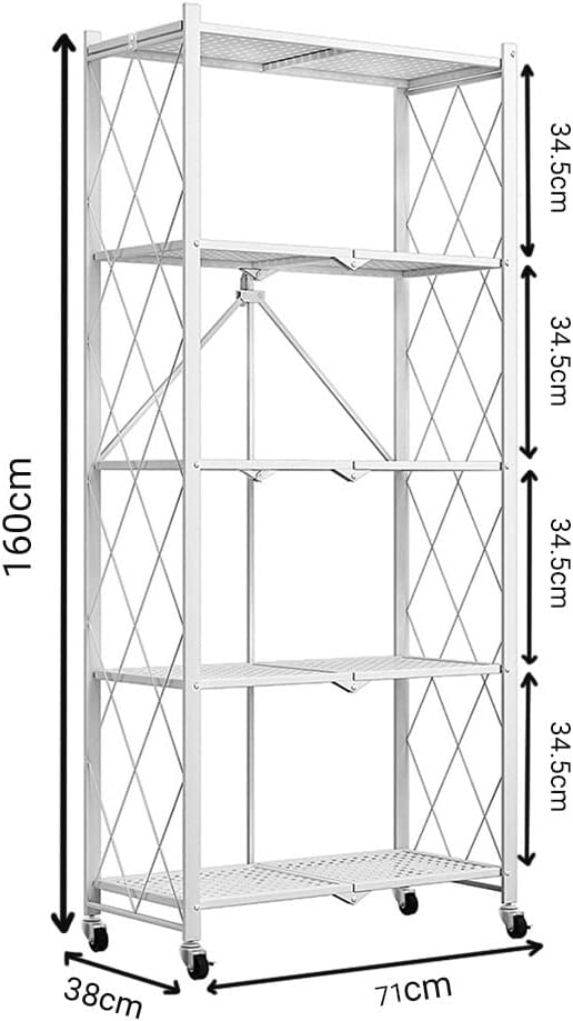 5-Tier Foldable Storage Shelf with Wheels for Kitchen, White - detail view
