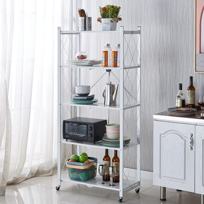 5-Tier Foldable Storage Shelf with Wheels for Kitchen, White - size and scale view