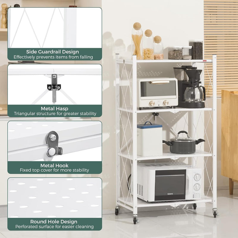 5-Tier Foldable Storage Shelf with Wheels for Kitchen, White - additional product view