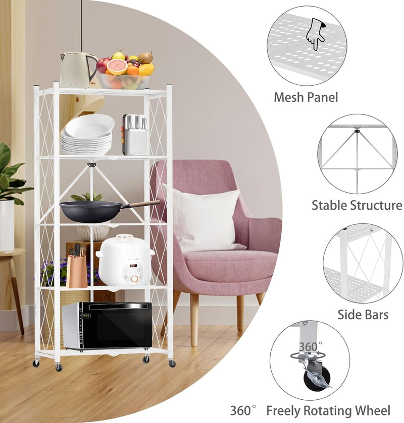 5-Tier Foldable Storage Shelf with Wheels for Kitchen - White