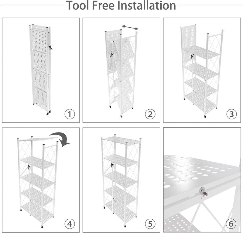 5-Tier Foldable Storage Shelf with Wheels for Kitchen - White