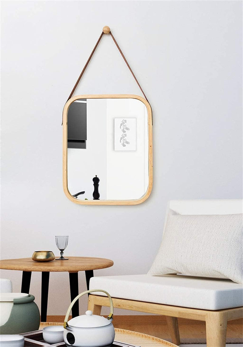 Hanging Wall Mirror with Bamboo Frame and Adjustable Strap, Brown - alternate angle