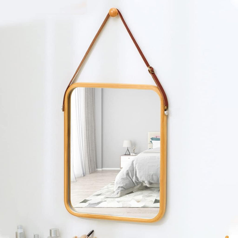 Hanging Wall Mirror with Bamboo Frame and Adjustable Strap, Brown - detail view