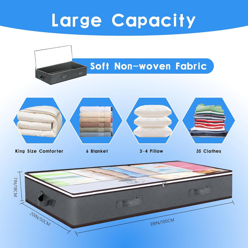 4 Pack Underbed Storage Bins with 90L Capacity for Blankets & Towels, Grey - alternate angle