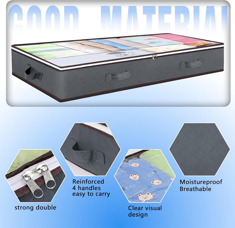 4 Pack Underbed Storage Bins with 90L Capacity for Blankets & Towels, Grey - detail view