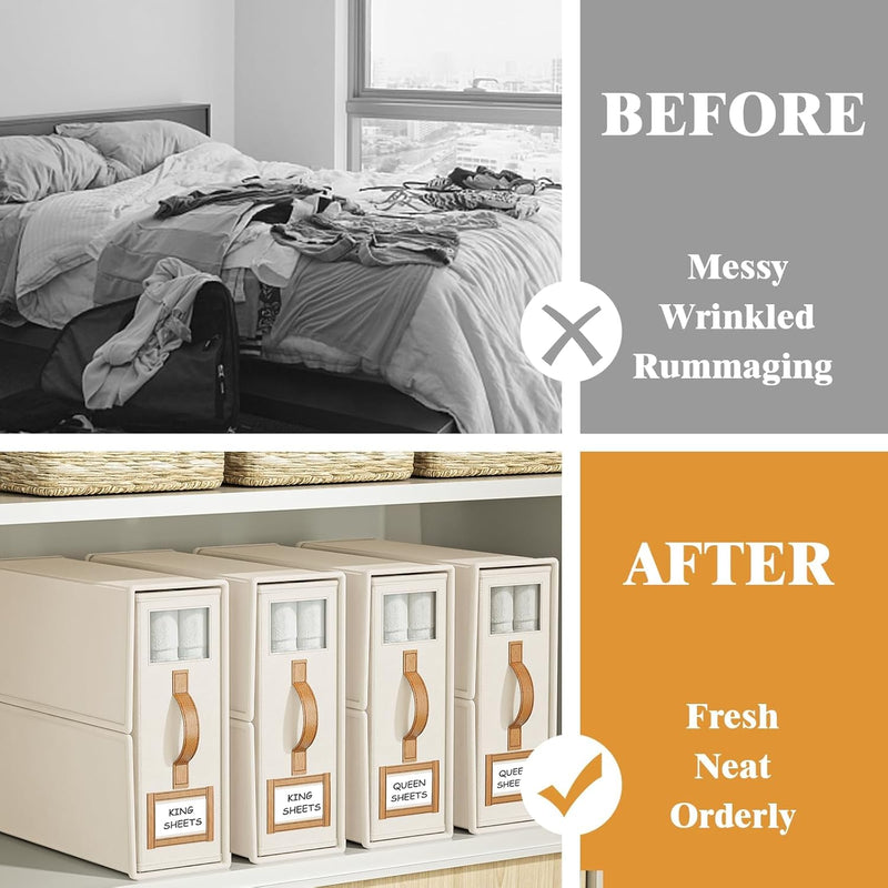 Bed Sheet Organizer Set of 4 with Handle & Window for Bedding Storage, Beige - detail view