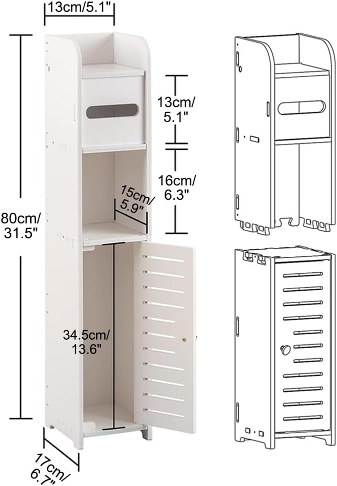 Slim Bathroom Cabinet with Toilet Paper Holder for Laundry Room, White - detail view