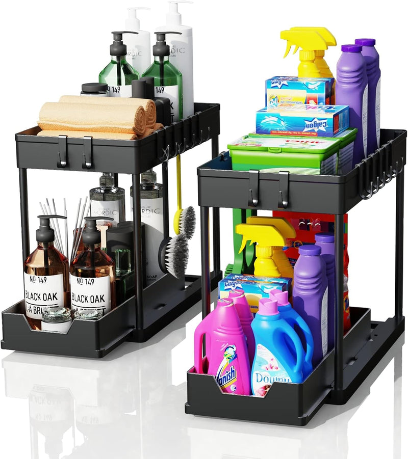 2 Pack Under Sink Organiser 2 Tier Sliding Drawer Storage, Black - main product image