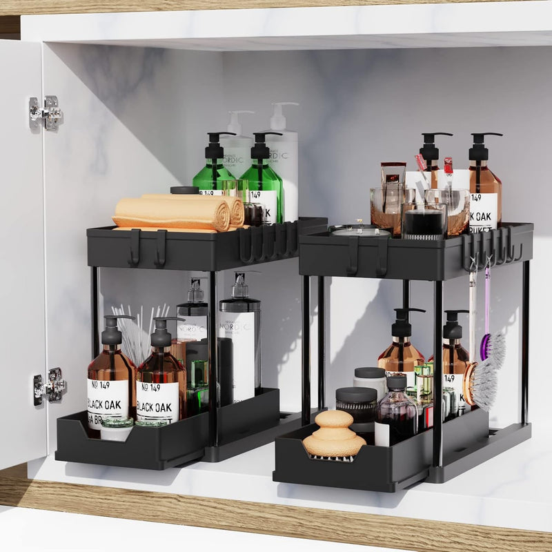 2 Pack Under Sink Organiser 2 Tier Sliding Drawer Storage, Black - alternate angle