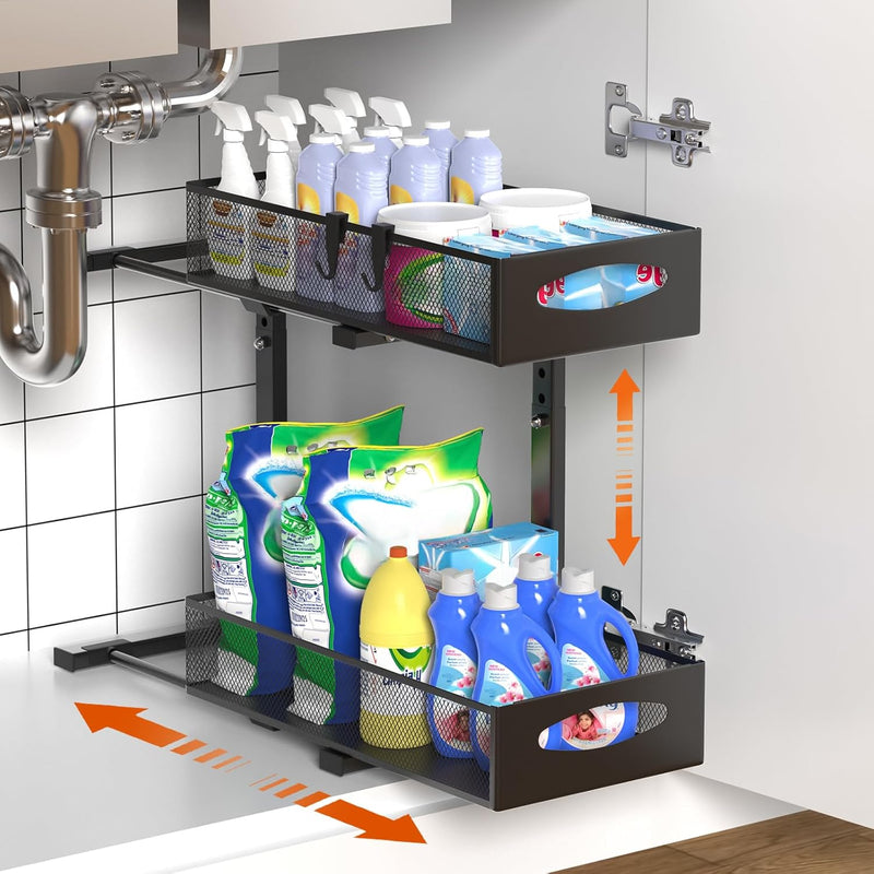 2 Tier Under Sink Organiser - Pull Out Sliding Shelf with Adjustable Height, Black - main product image