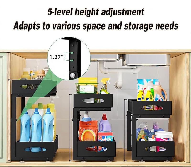 2 Tier Under Sink Organiser - Pull Out Sliding Shelf with Adjustable Height, Black - size and scale view