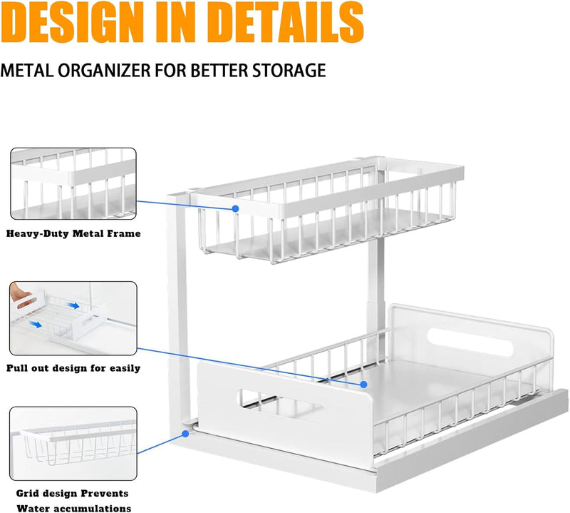 2 Tier Under Sink Organiser with Sliding Drawers - White - size and scale view