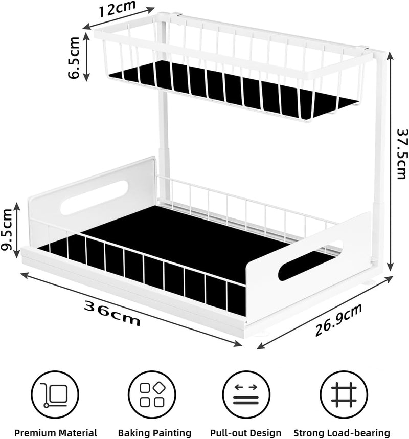2 Tier Under Sink Organiser with Sliding Drawers - White