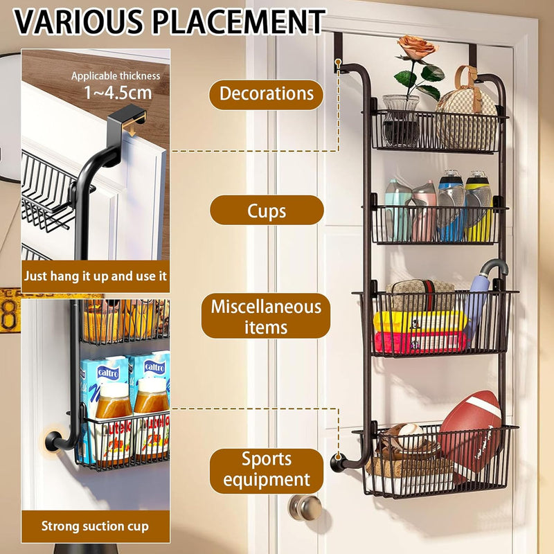 4 Tier Over Door Organiser - Metal Basket Rack - Black - detail view