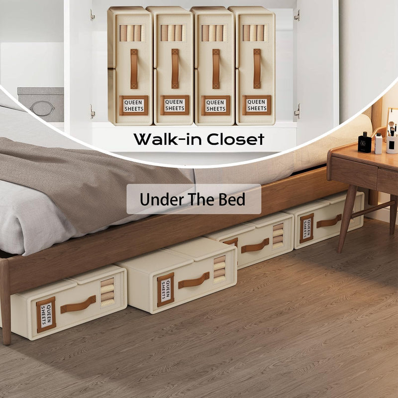 Bed Sheet Organizer Set of 8 with Handle & Window for Bedding Storage, Linen - size and scale view