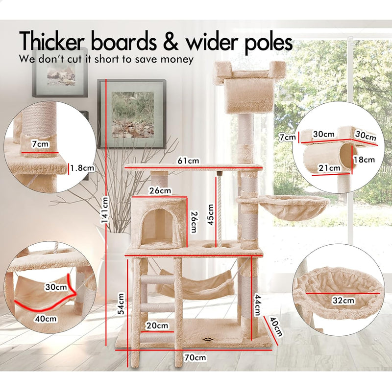 141cm Cat Tree Tower for Indoor Cats with Hammock and Condo, Beige - detail view