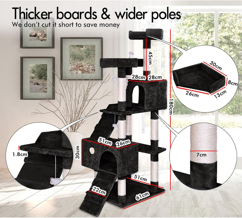 170cm Cat Tree Tower for Indoor Cats with Dual Condos & Plush Perches, Black - detail view