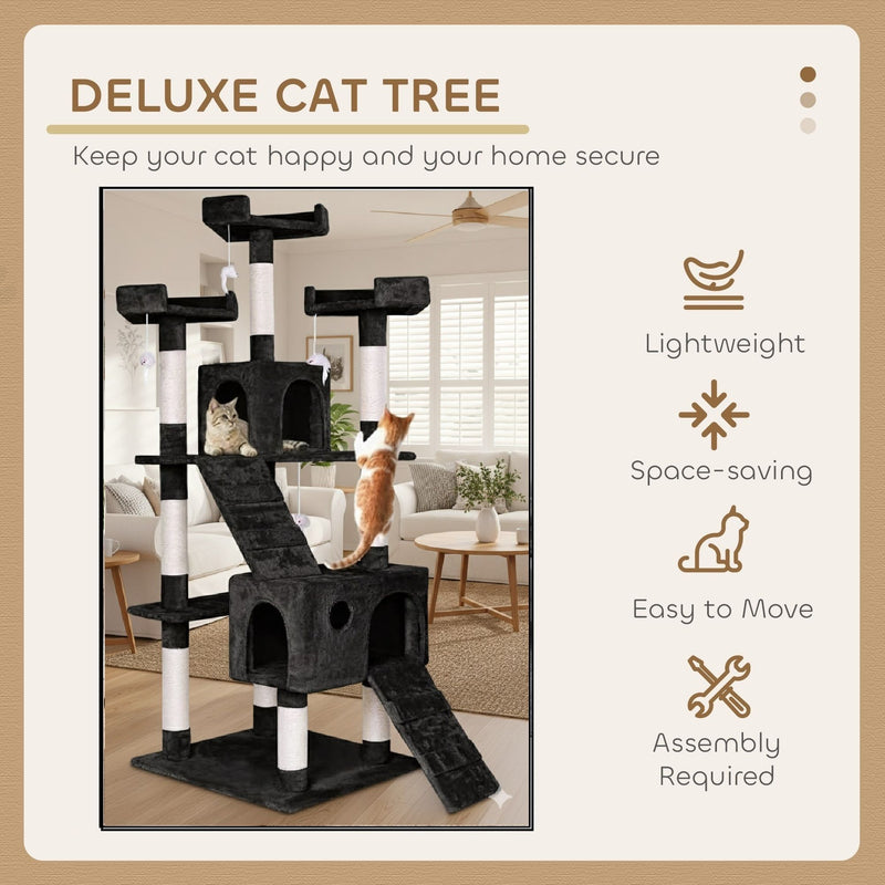 170cm Cat Tree Tower for Indoor Cats with Dual Condos & Plush Perches, Black - size and scale view